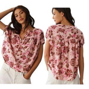 Pilcro Anthropologie Top Pink Combo Floral Ruched Henley Tee Size Small